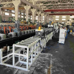 din rail roll forming machine Full view of the complete DIN rail roll forming machine, showing the entire production line from the uncoiler on the left to the auto stacker on the right, highlighting all the major process stages.