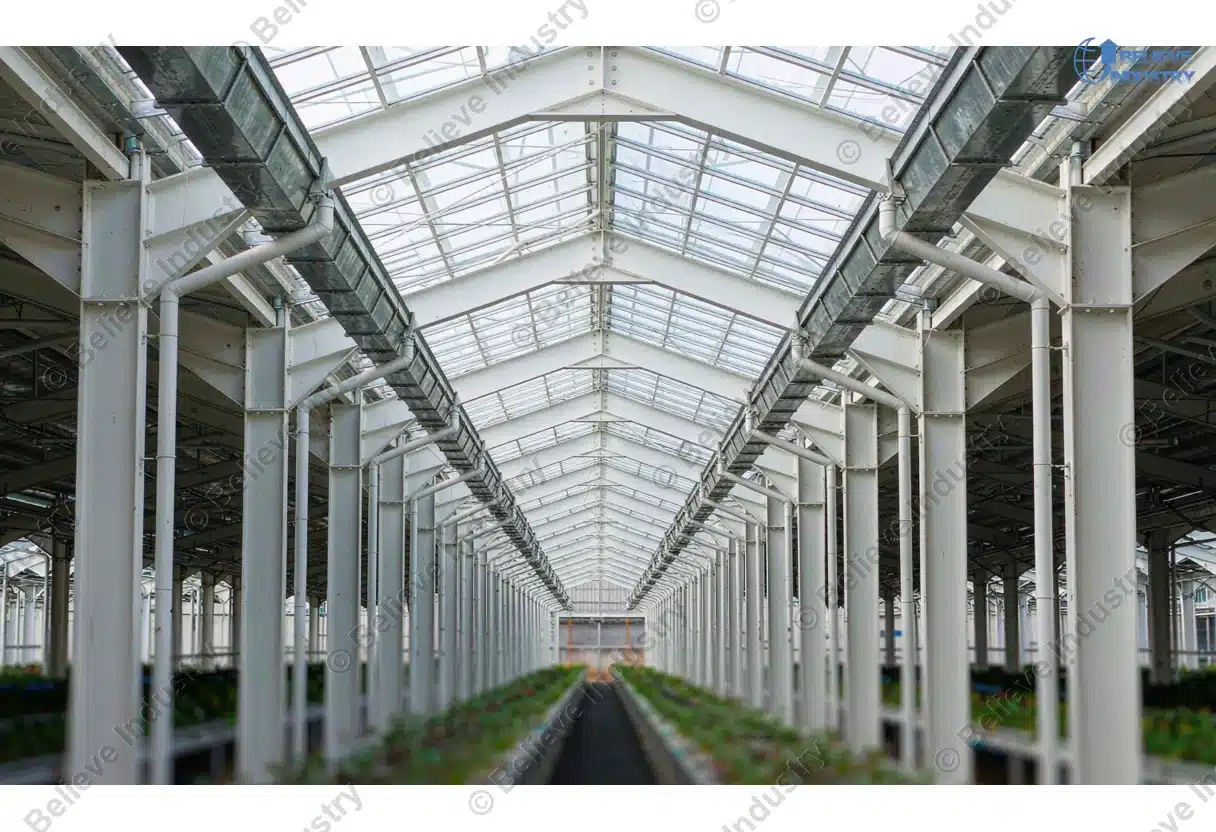 Galvanised steel gutters spanning greenhouse columns